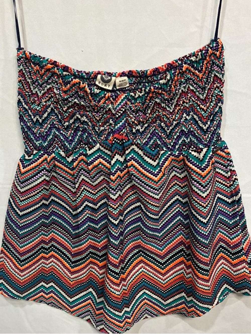 Roxy Multicolor Smocked Flowy Tube Top with Teal, Purple, Orange chevron print